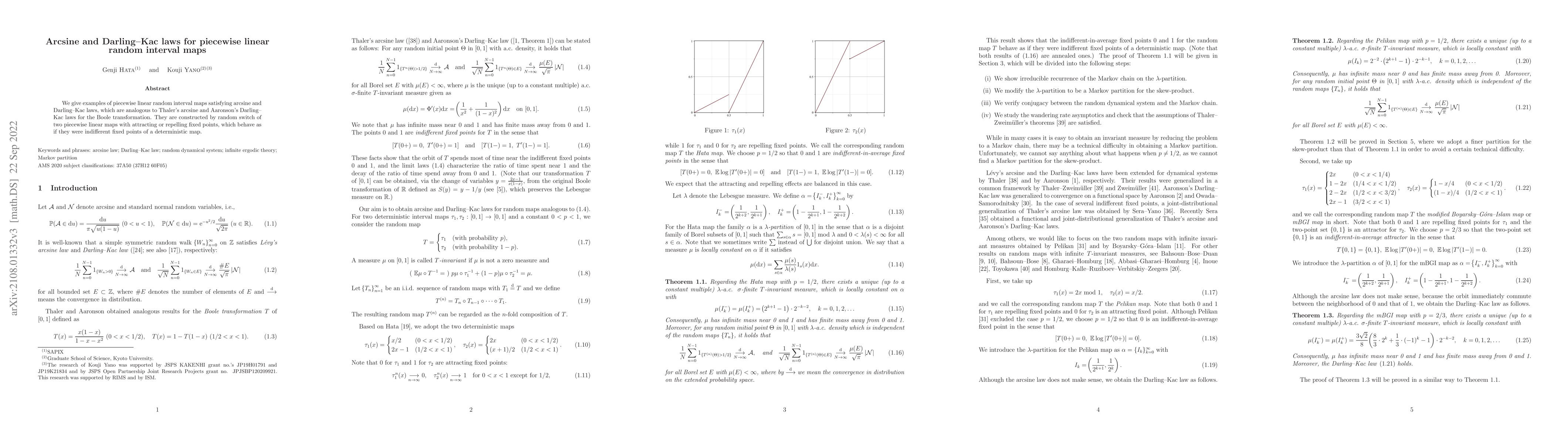 Thumbnail for Arcsine and Darling--Kac laws for piecewise linear random interval maps