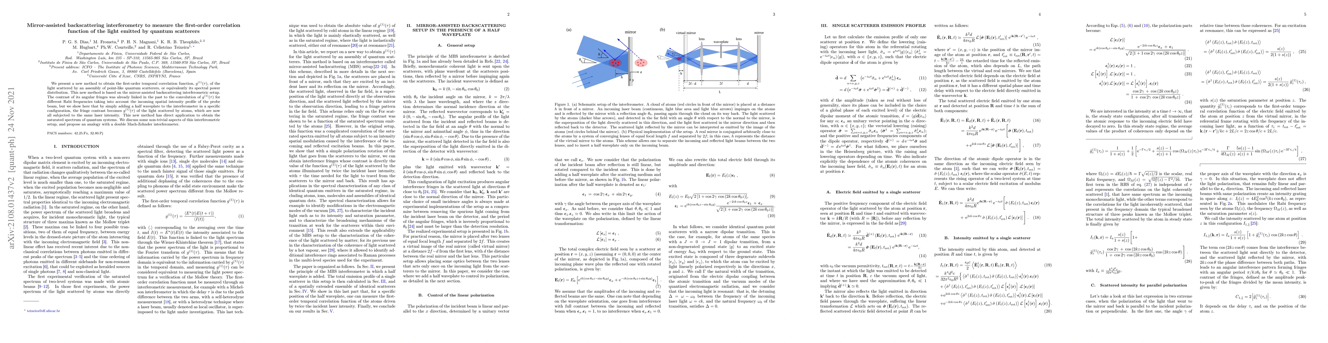 Thumbnail for Mirror-assisted backscattering interferometry to measure the first-order
  correlation function of the light emitted by quantum scatterers