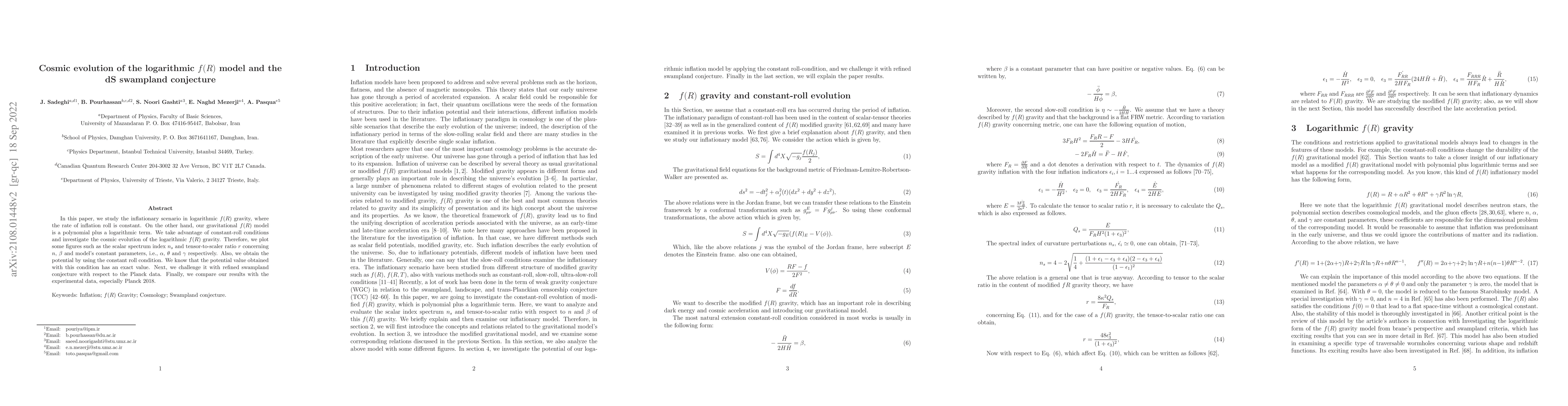Thumbnail for Cosmic evolution of the logarithmic f(R) model and the dS swampland
  conjecture