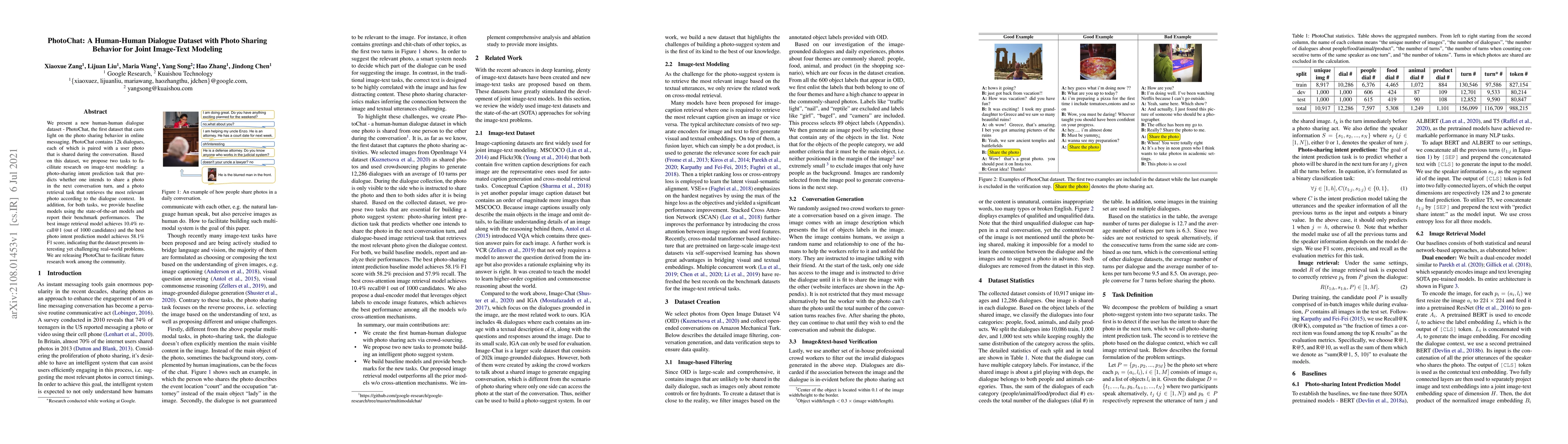 Thumbnail for PhotoChat: A Human-Human Dialogue Dataset with Photo Sharing Behavior
  for Joint Image-Text Modeling