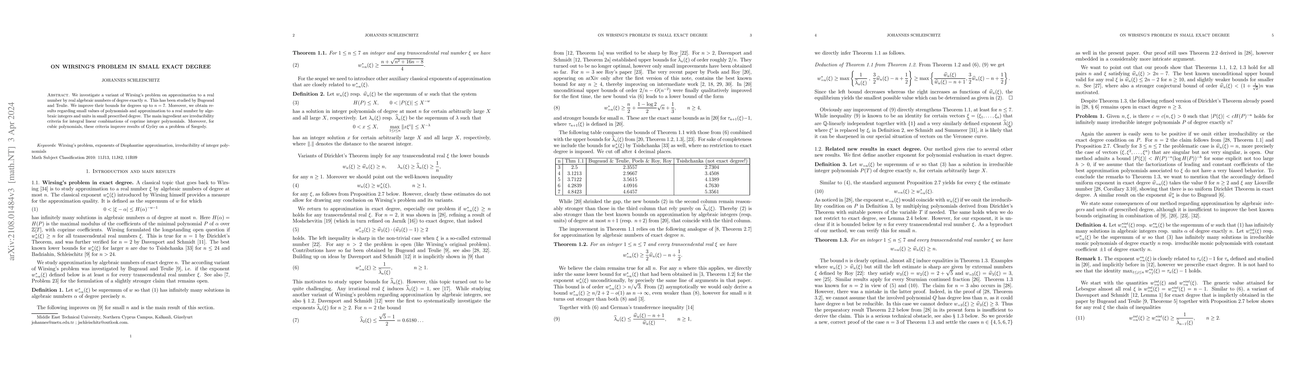 Thumbnail for On Wirsing's problem in small exact degree