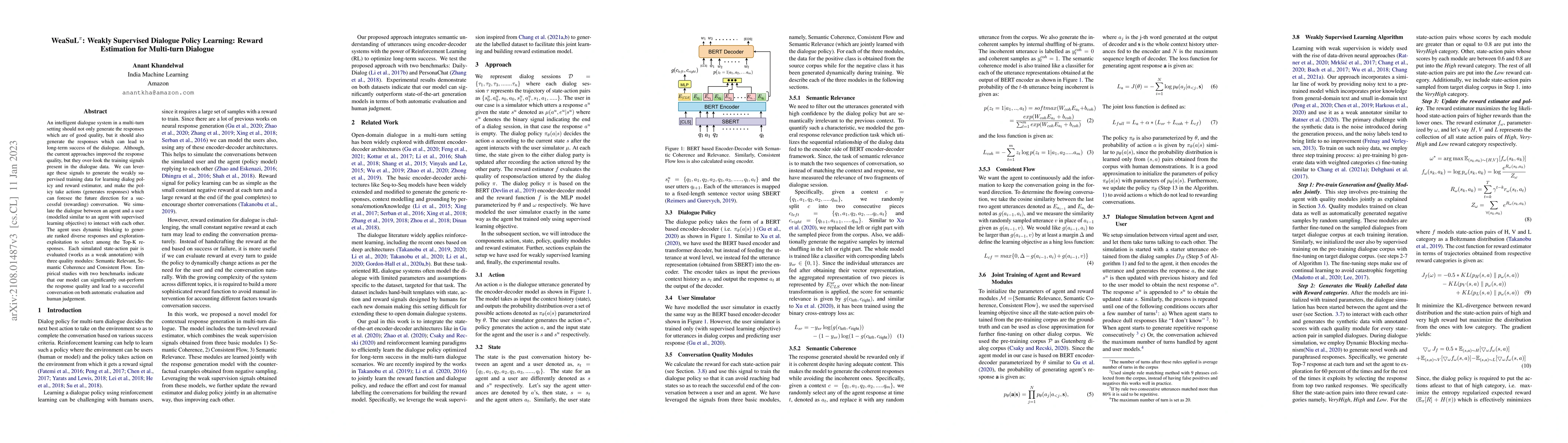 Thumbnail for WeaSuL: Weakly Supervised Dialogue Policy Learning: Reward Estimation
  for Multi-turn Dialogue