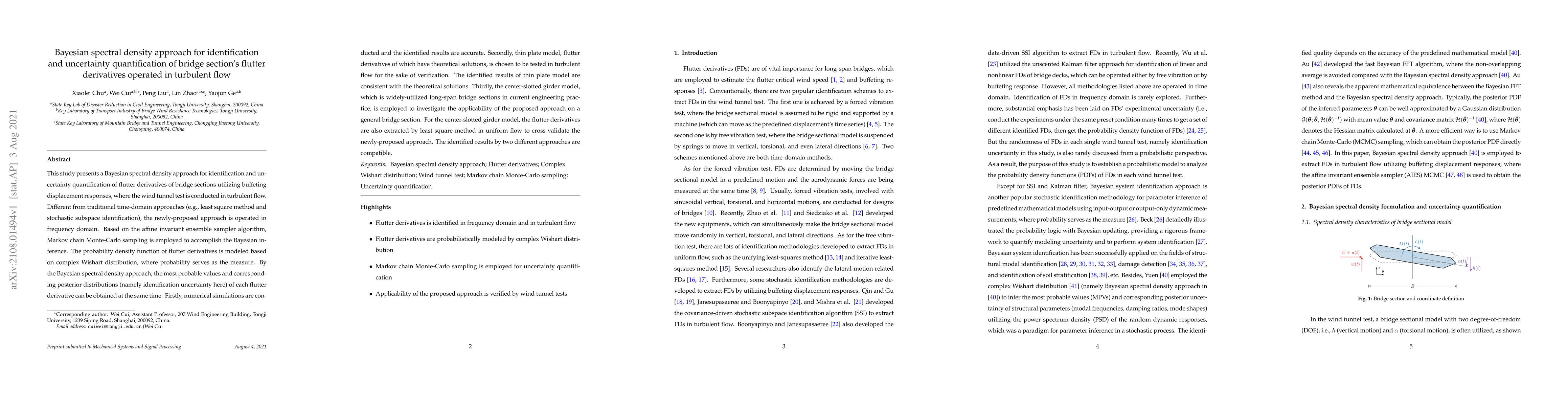 Thumbnail for Bayesian spectral density approach for identification and uncertainty
  quantification of bridge section's flutter derivatives operated in turbulent
  flow
