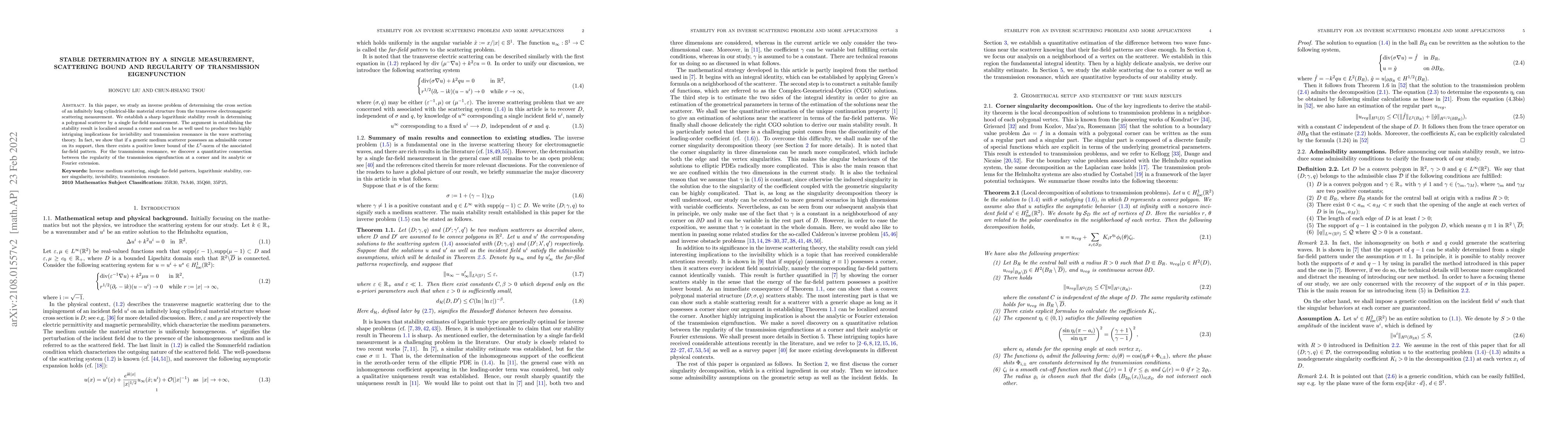 Thumbnail for Stable determination by a single measurement, scattering bound and
  regularity of transmission eigenfunction