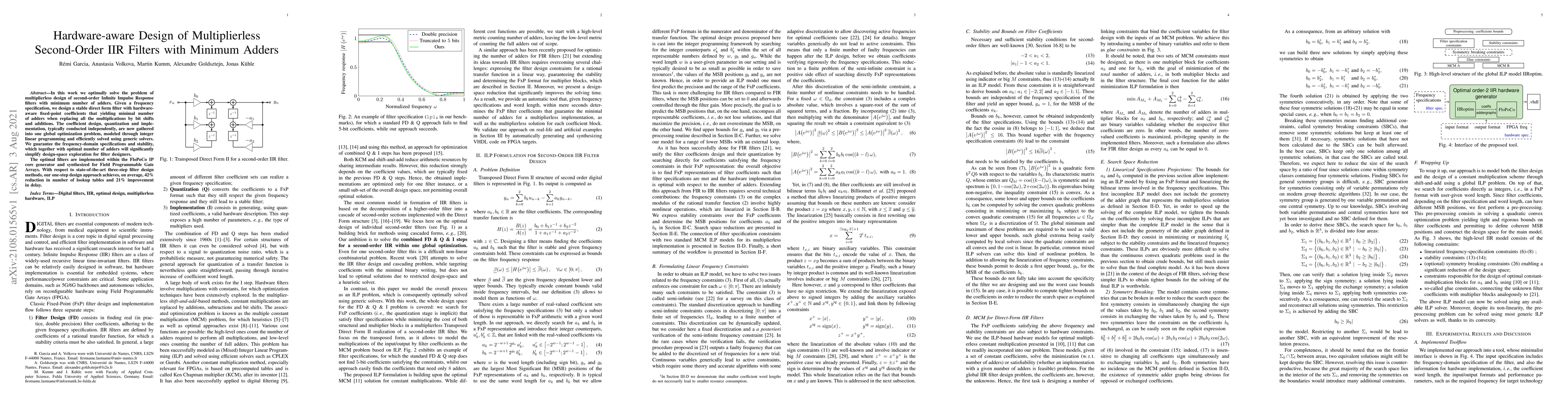Thumbnail for Hardware-aware Design of Multiplierless Second-Order IIR Filters with
  Minimum Adders