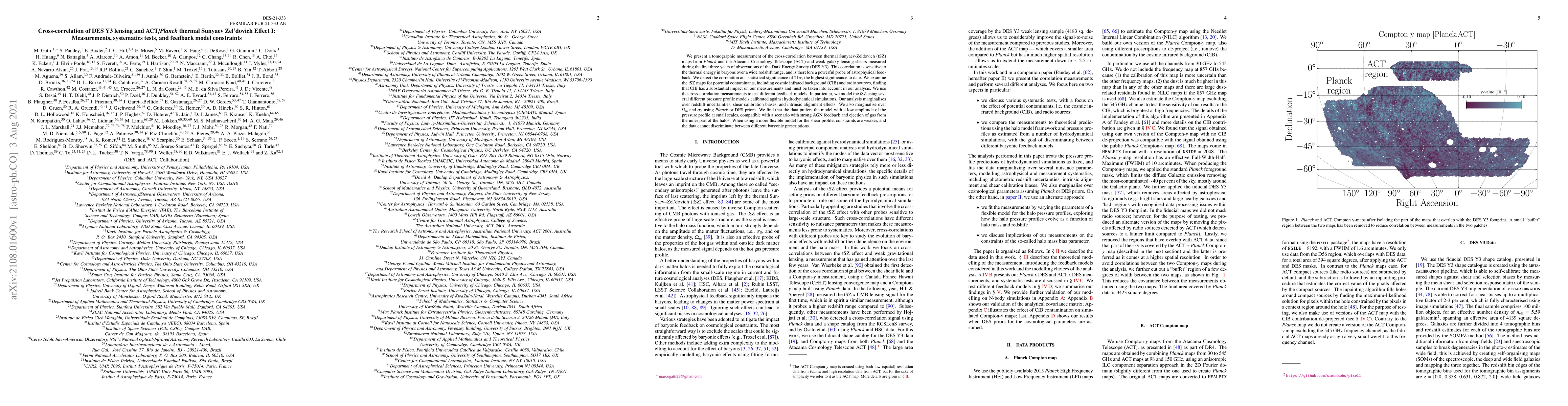 Thumbnail for Cross-correlation of DES Y3 lensing and ACT/${\it Planck}$ thermal
  Sunyaev Zel'dovich Effect I: Measurements, systematics tests, and feedback
  model constraints