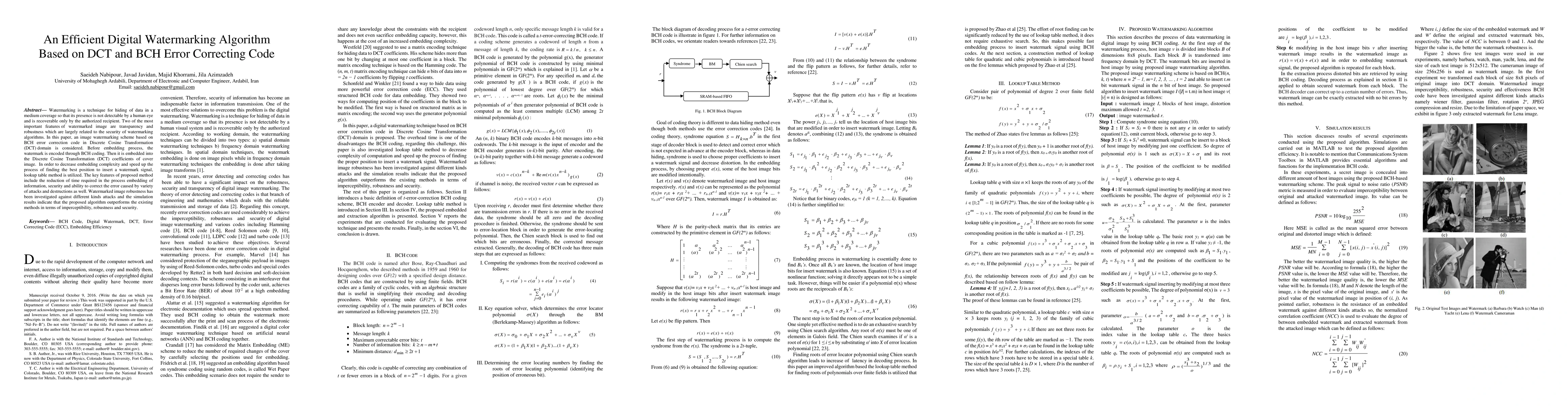 Thumbnail for An Efficient Digital Watermarking Algorithm Based on DCT and BCH Error
  Correcting Code