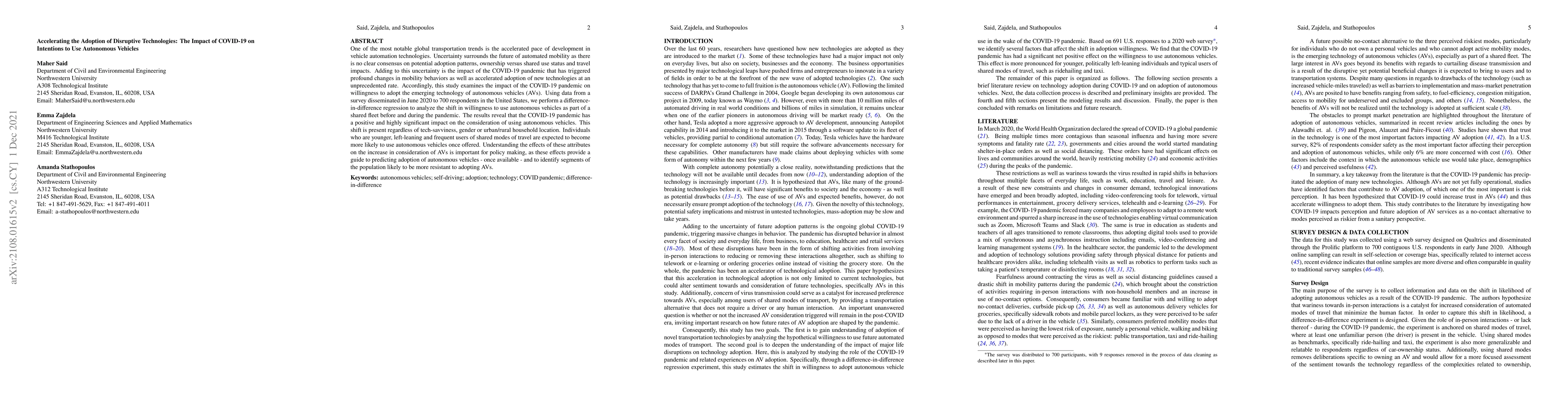 Thumbnail for Accelerating the Adoption of Disruptive Technologies: The Impact of
  COVID-19 on Intentions to Use Autonomous Vehicles