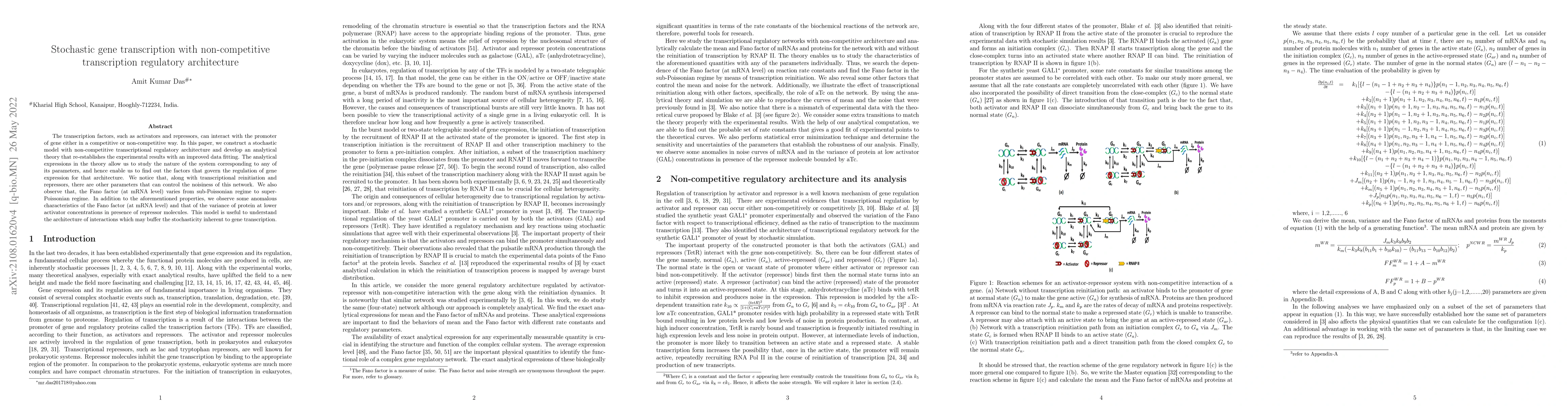Thumbnail for Stochastic gene transcription with non-competitive transcription
  regulatory architecture