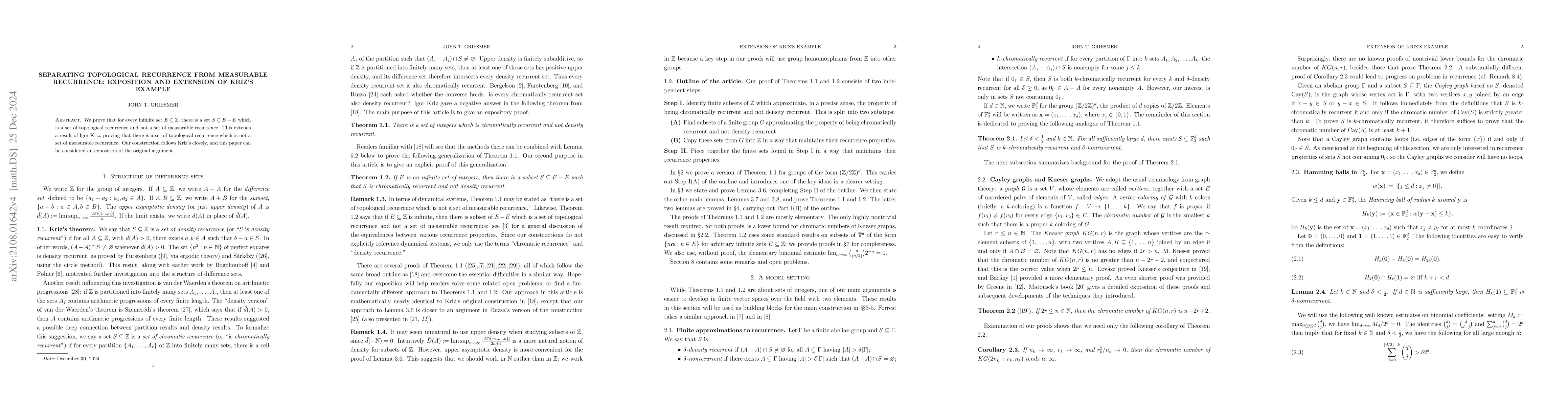 Thumbnail for Separating topological recurrence from measurable recurrence: exposition
  and extension of Kriz's example