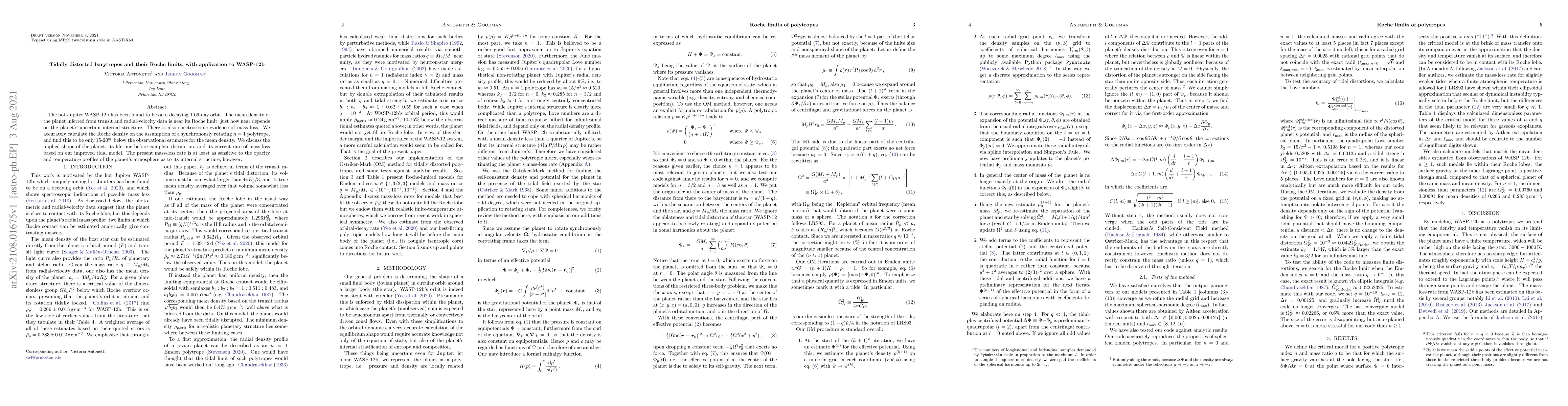 Thumbnail for Tidally distorted barytropes and their Roche limits, with application to
  WASP-12b