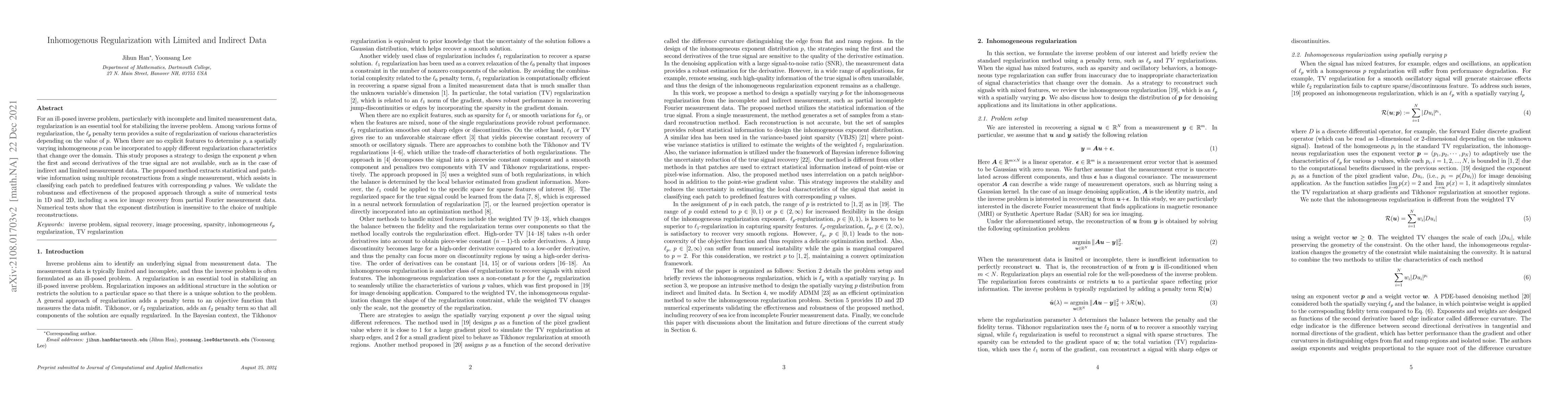 Thumbnail for Inhomogenous Regularization with Limited and Indirect Data