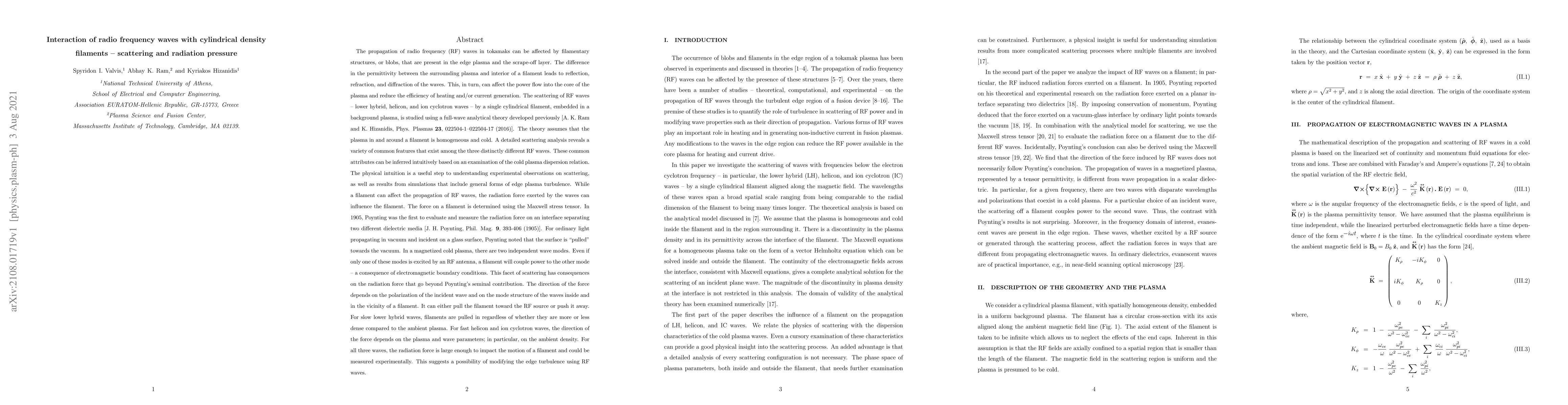 Thumbnail for Interaction of radio frequency waves with cylindrical density filaments
  -- scattering and radiation pressure