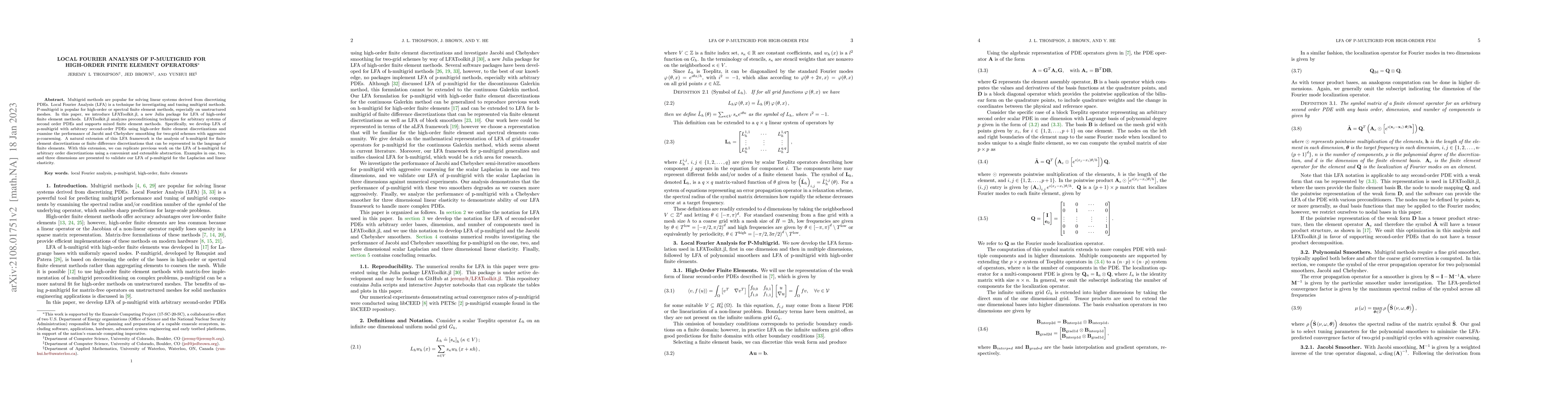 Thumbnail for Local Fourier Analysis of P-Multigrid for High-Order Finite Element
  Operators