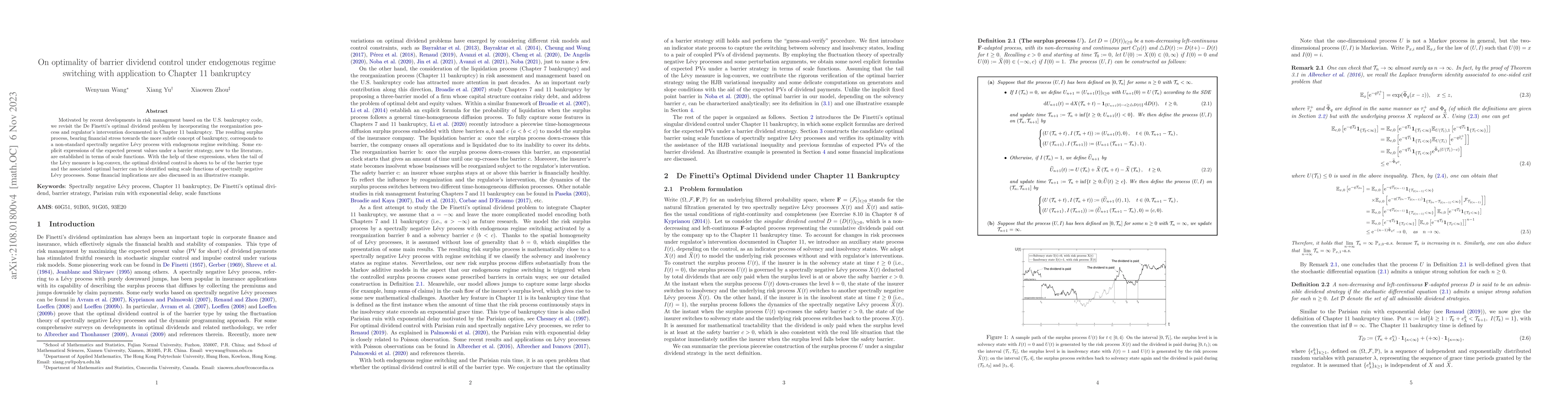 Thumbnail for On optimality of barrier dividend control under endogenous regime
  switching with application to Chapter 11 bankruptcy