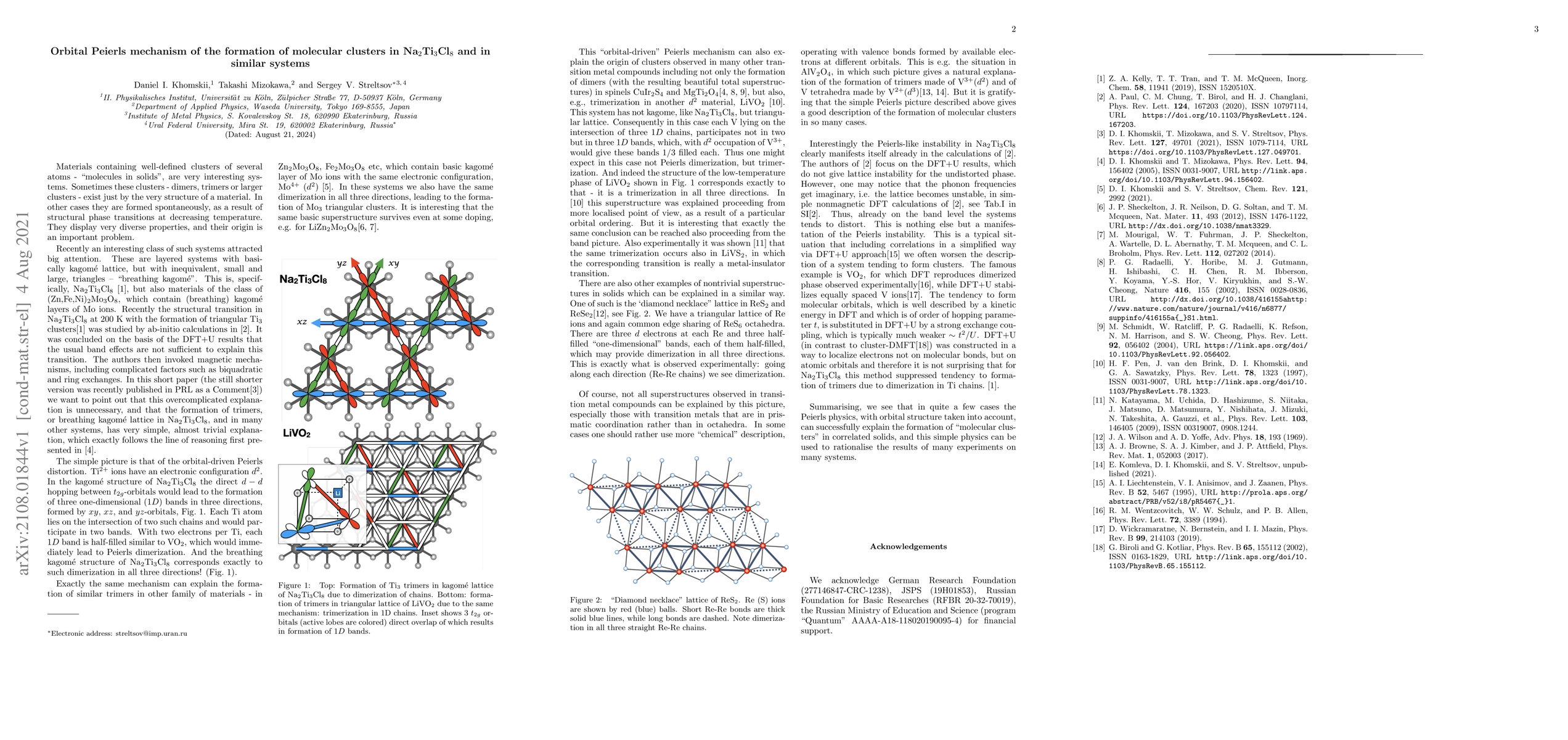 Thumbnail for Orbital Peierls mechanism of the formation of molecular clusters in
  Na2Ti3Cl8 and in similar systems
