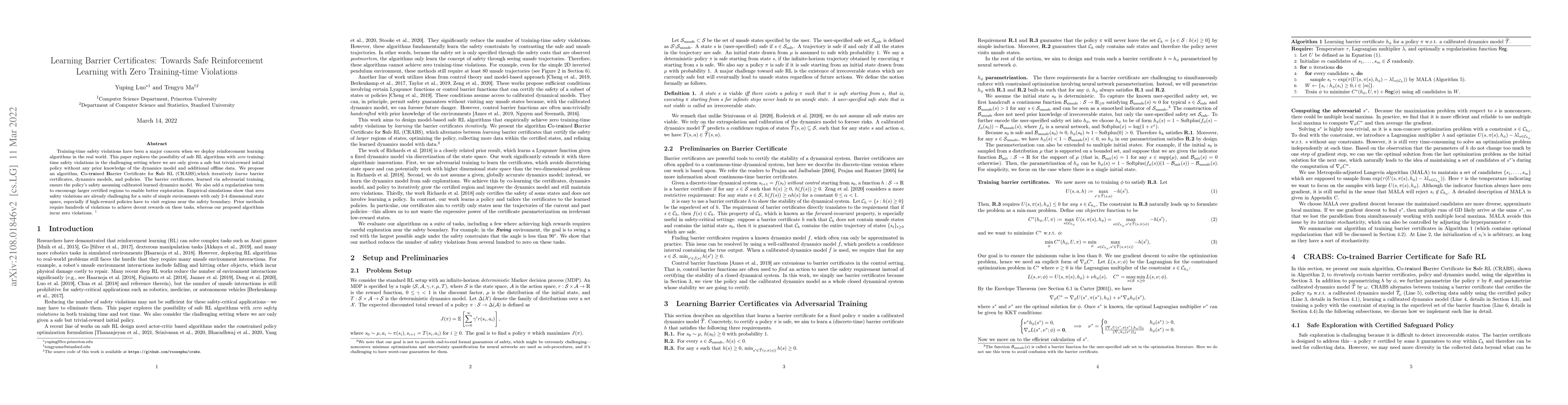 Thumbnail for Learning Barrier Certificates: Towards Safe Reinforcement Learning with
  Zero Training-time Violations