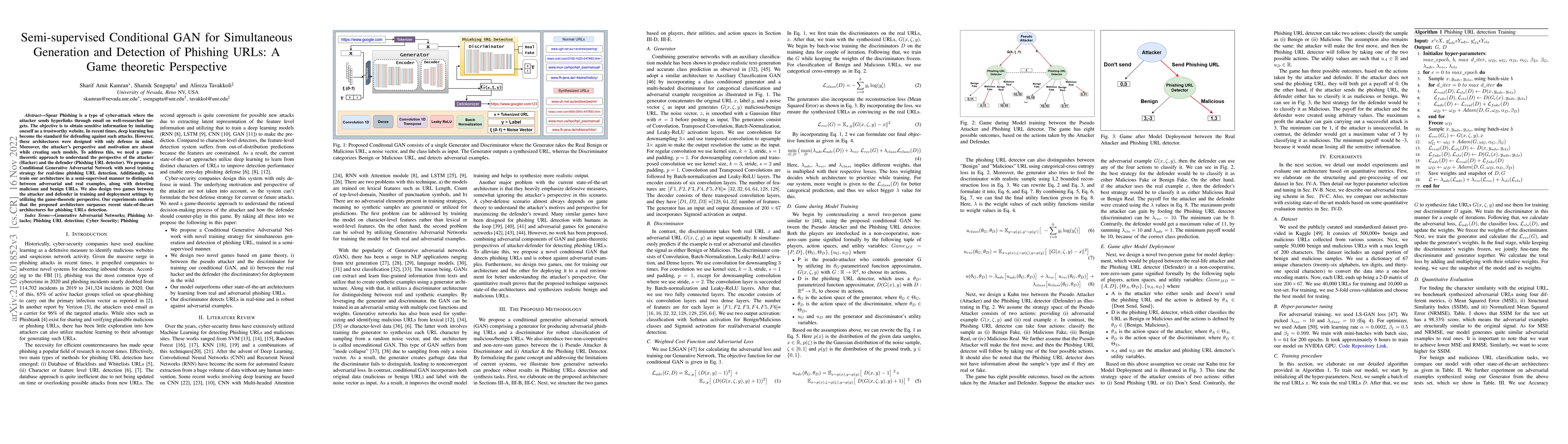 Thumbnail for Semi-supervised Conditional GAN for Simultaneous Generation and
  Detection of Phishing URLs: A Game theoretic Perspective