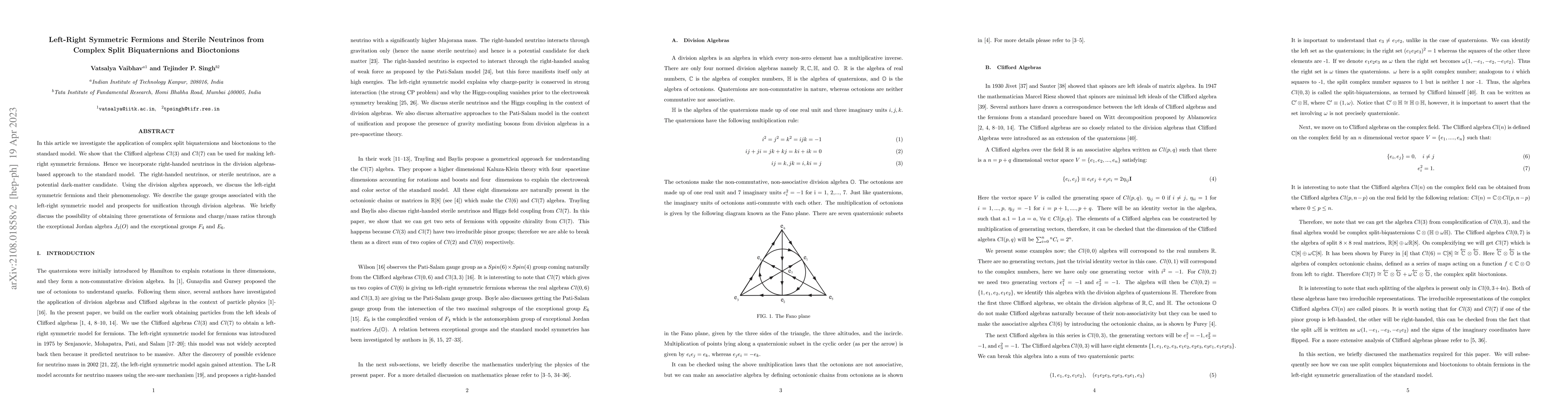 Thumbnail for Left-Right symmetric fermions and sterile neutrinos from complex split
  biquaternions and bioctonions