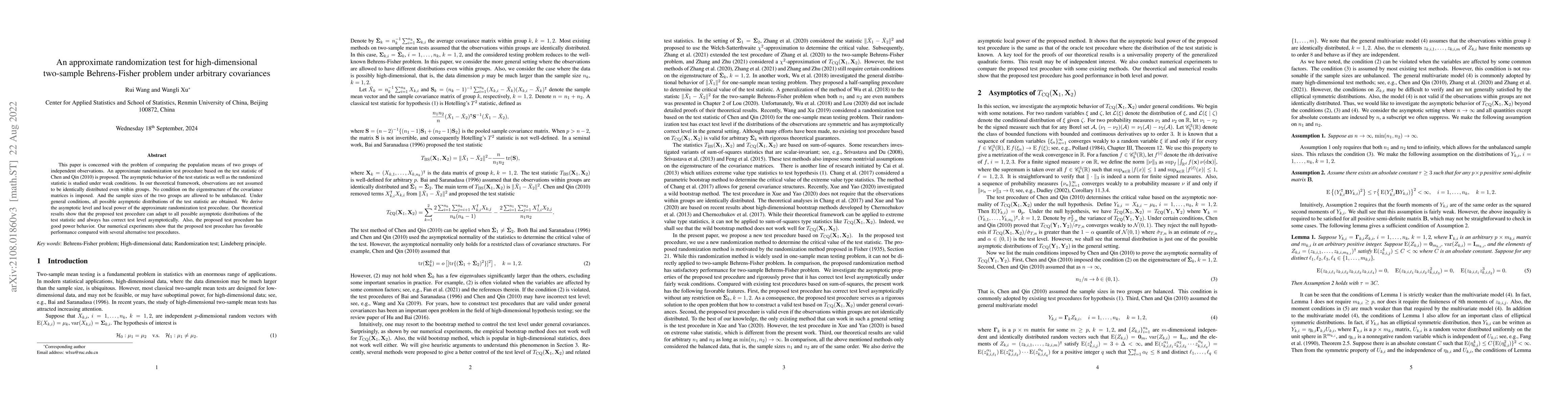 Thumbnail for An approximate randomization test for high-dimensional two-sample
  Behrens-Fisher problem under arbitrary covariances
