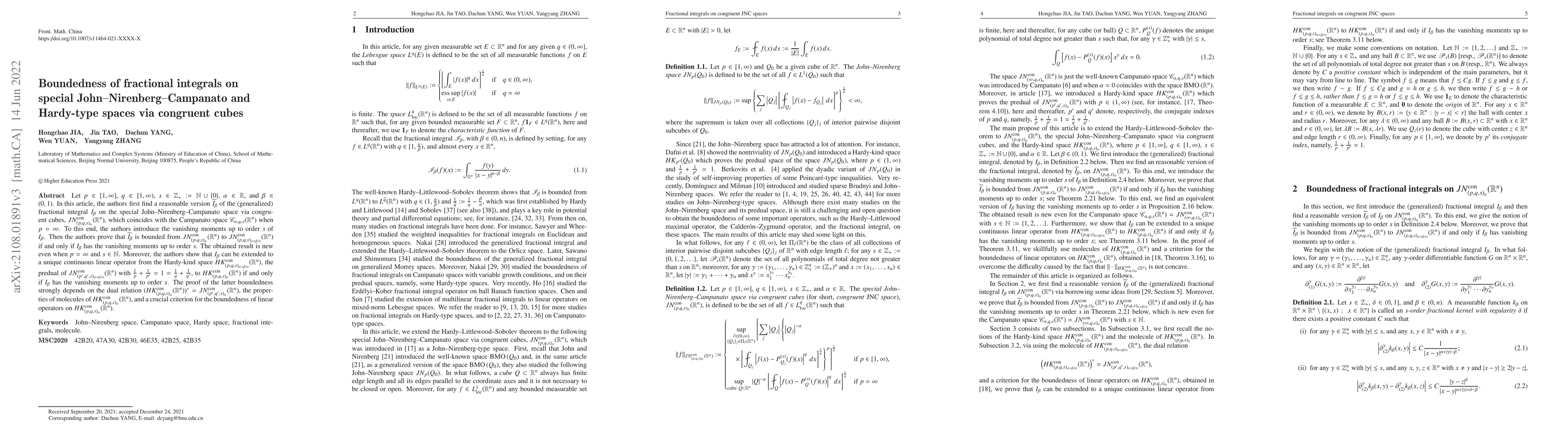 Thumbnail for Boundedness of Fractional Integrals on Special
  John--Nirenberg--Campanato and Hardy-Type Spaces via Congruent Cubes