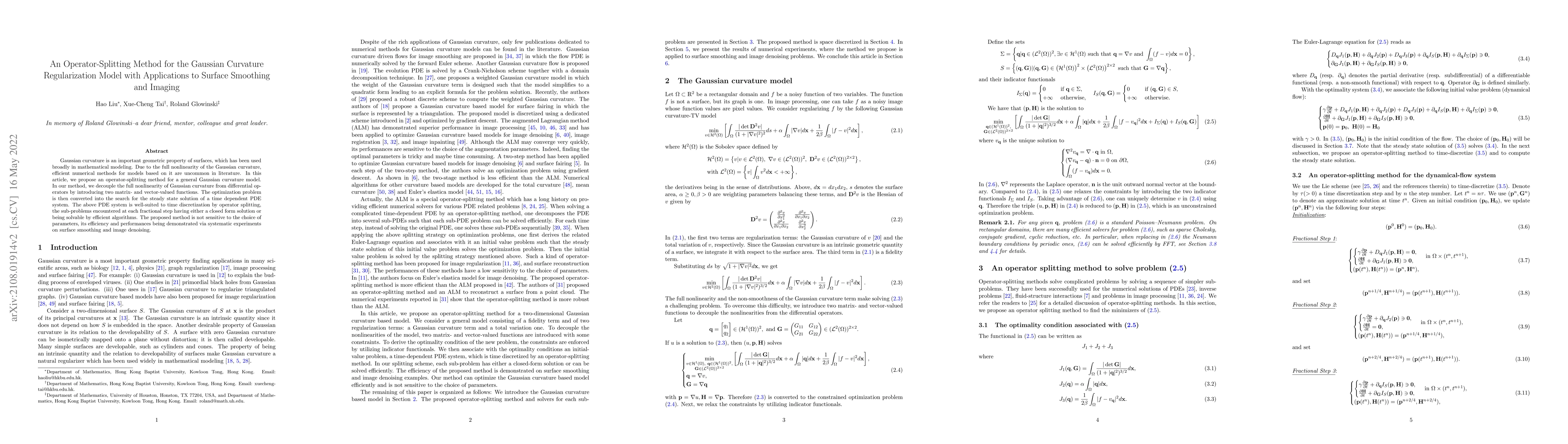 Thumbnail for An Operator-Splitting Method for the Gaussian Curvature Regularization
  Model with Applications to Surface Smoothing and Imaging
