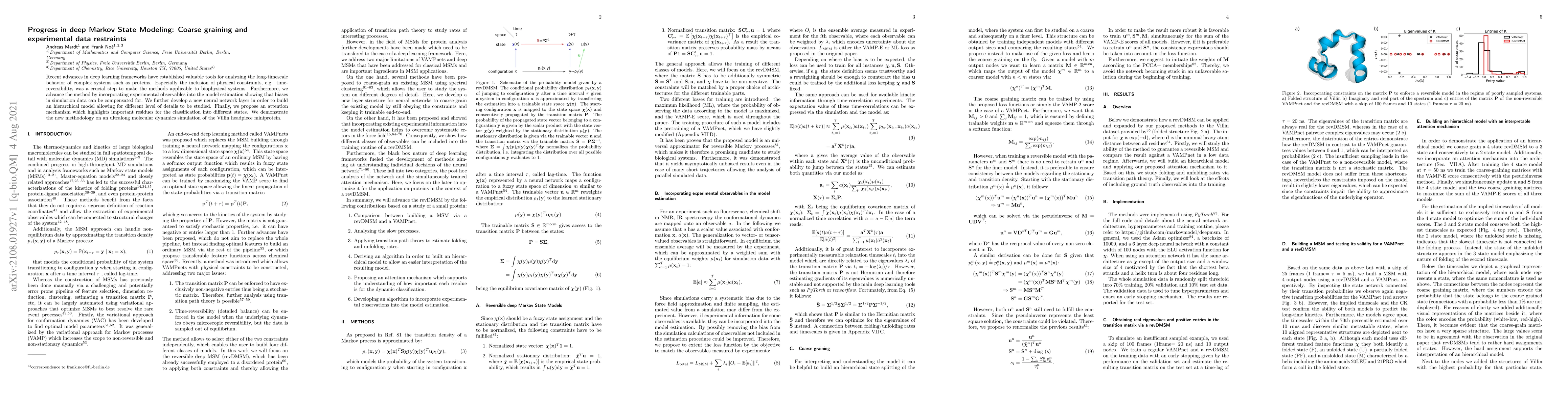 Thumbnail for Progress in deep Markov State Modeling: Coarse graining and experimental
  data restraints