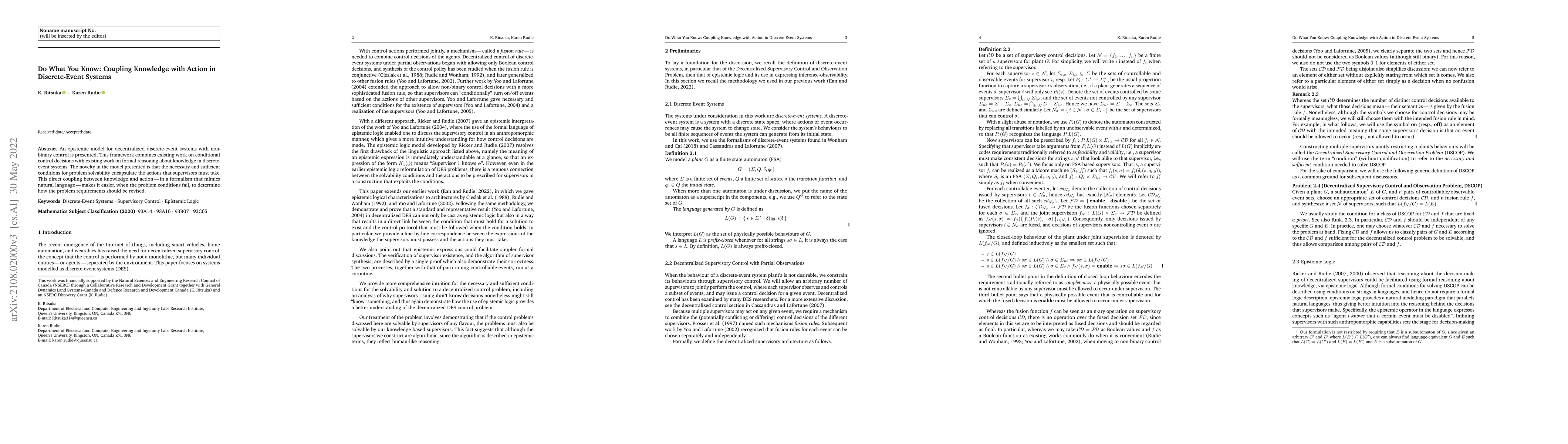 Thumbnail for Do What You Know: Coupling Knowledge with Action in Discrete-Event
  Systems