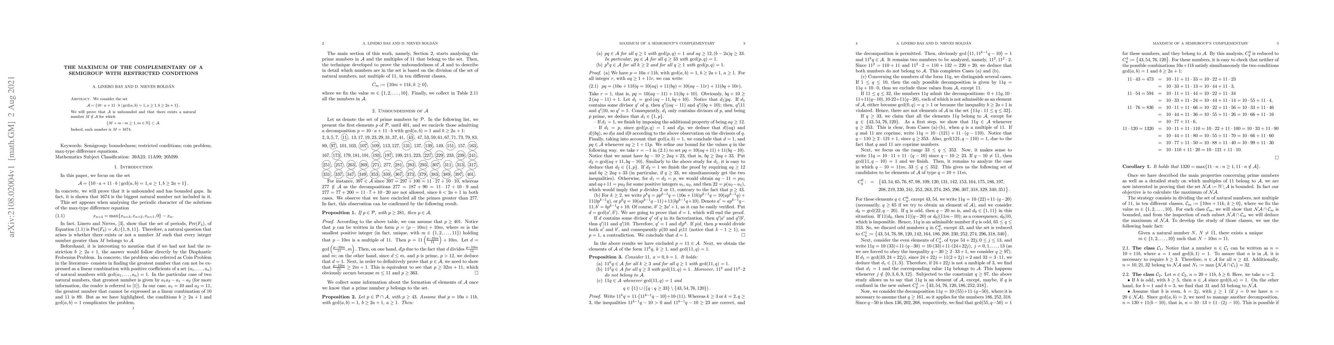 Thumbnail for The maximum of the complementary of a semigroup with restricted
  conditions