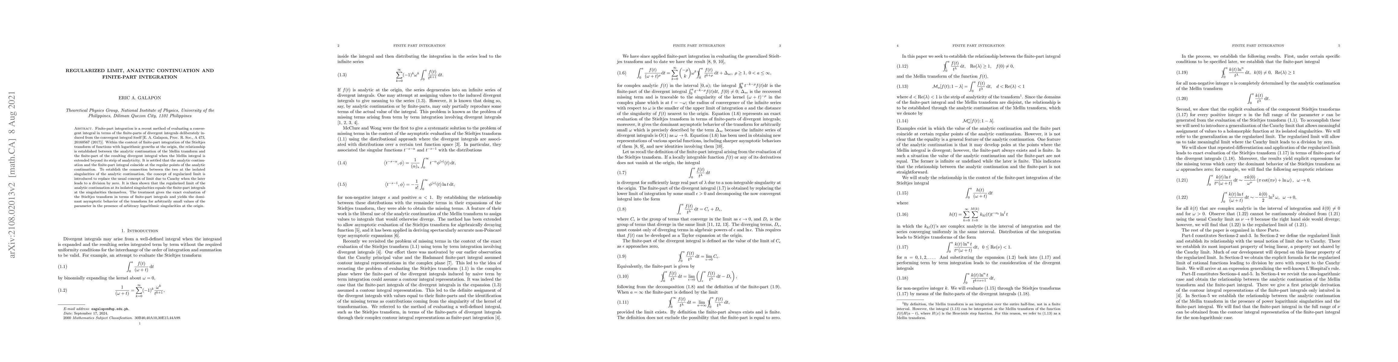 Thumbnail for Regularized Limit, analytic continuation and finite-part integration