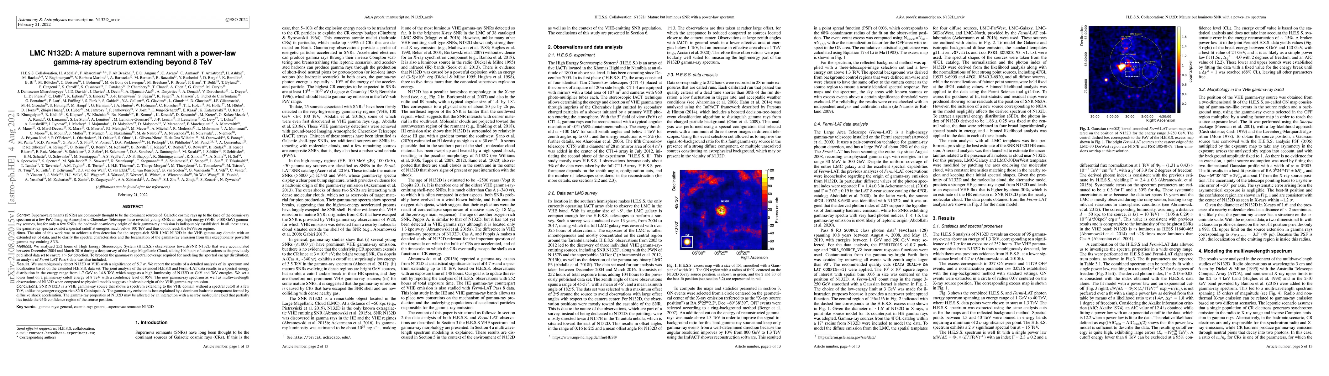 Thumbnail for LMC N132D: A mature supernova remnant with a power-law gamma-ray
  spectrum extending beyond 8 TeV