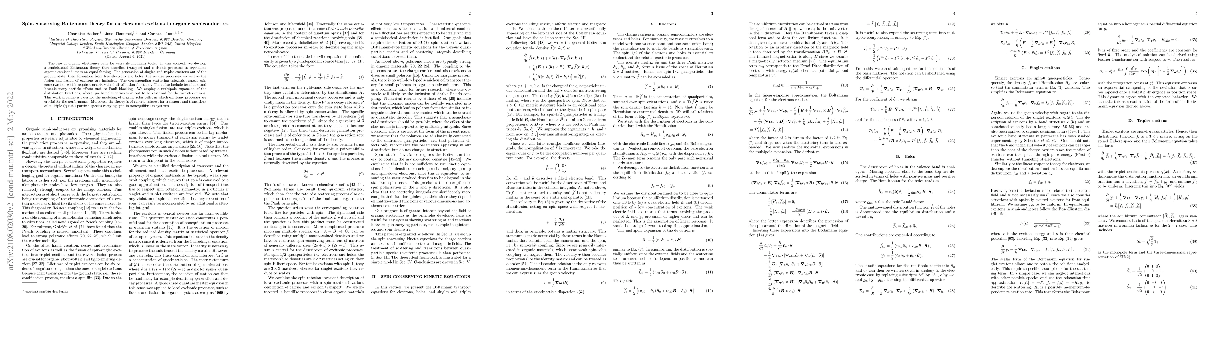 Thumbnail for Spin-conserving Boltzmann theory for carriers and excitons in organic
  semiconductors