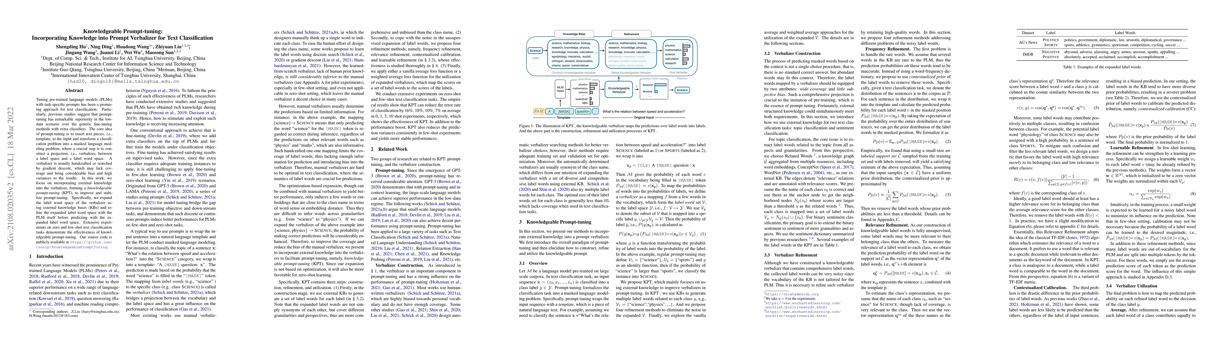 Thumbnail for Knowledgeable Prompt-tuning: Incorporating Knowledge into Prompt
  Verbalizer for Text Classification