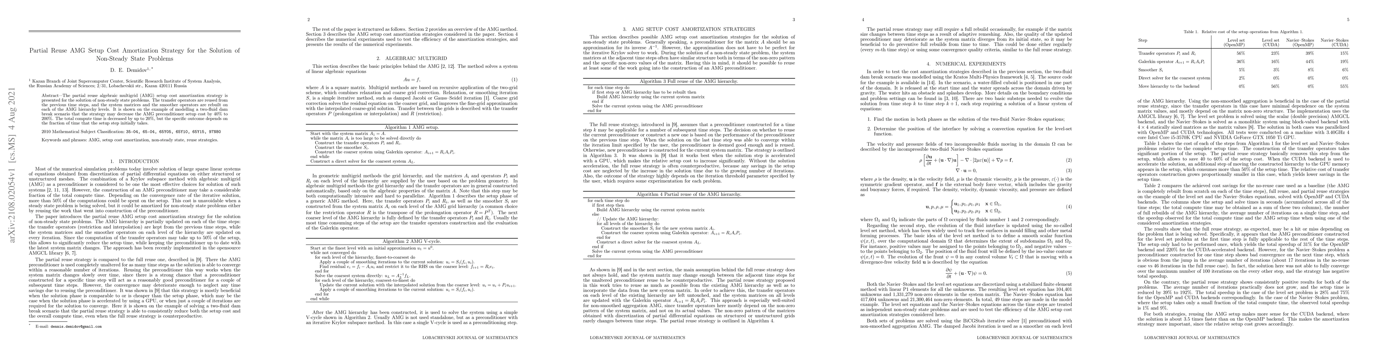 Thumbnail for Partial Reuse AMG Setup Cost Amortization Strategy for the Solution of
  Non-Steady State Problems