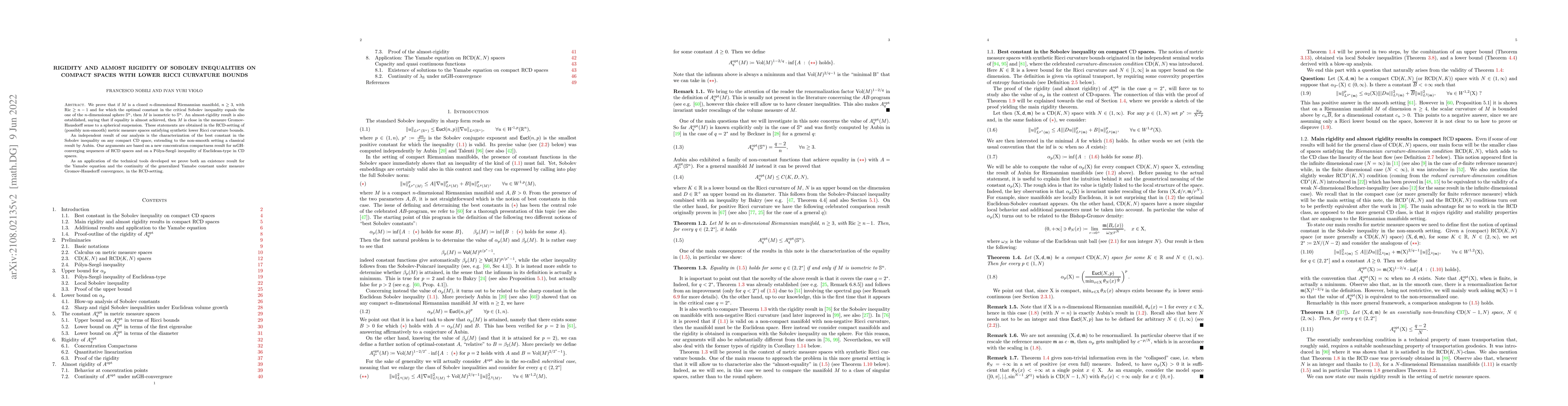 Thumbnail for Rigidity and almost rigidity of Sobolev inequalities on compact spaces
  with lower Ricci curvature bounds