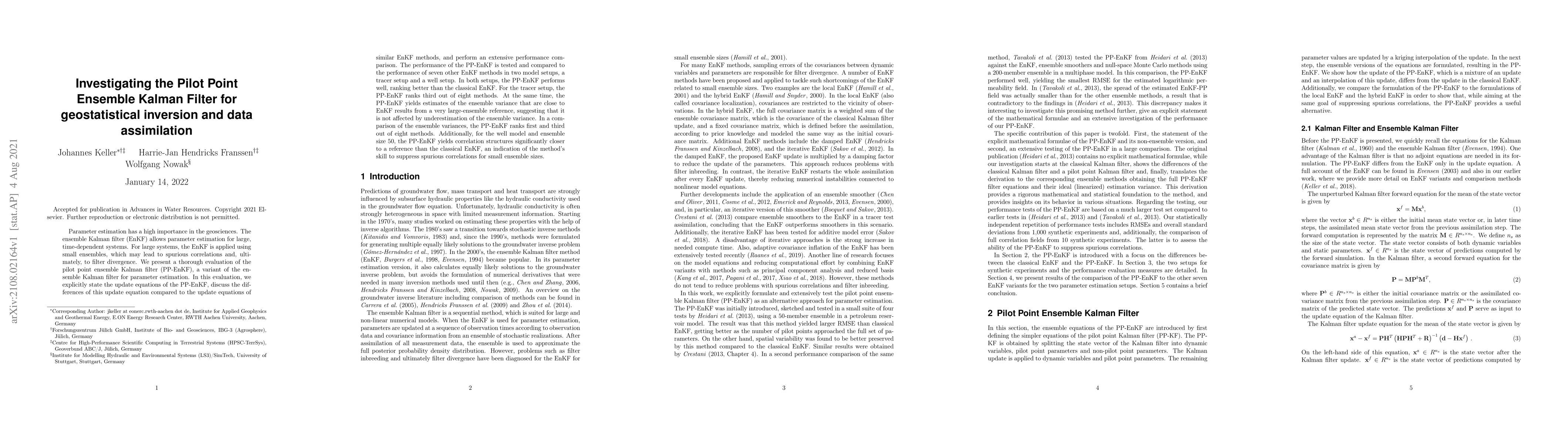 Thumbnail for Investigating the Pilot Point Ensemble Kalman Filter for geostatistical
  inversion and data assimilation