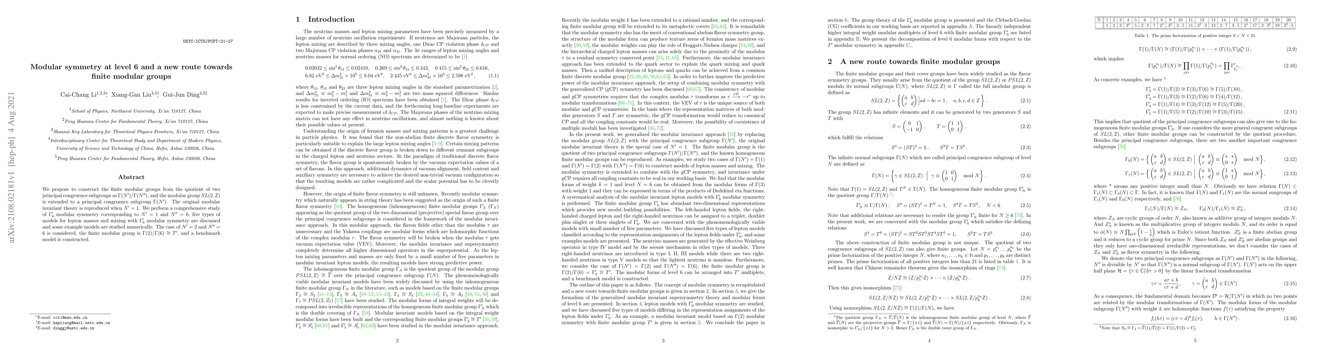 Thumbnail for Modular symmetry at level 6 and a new route towards finite modular
  groups