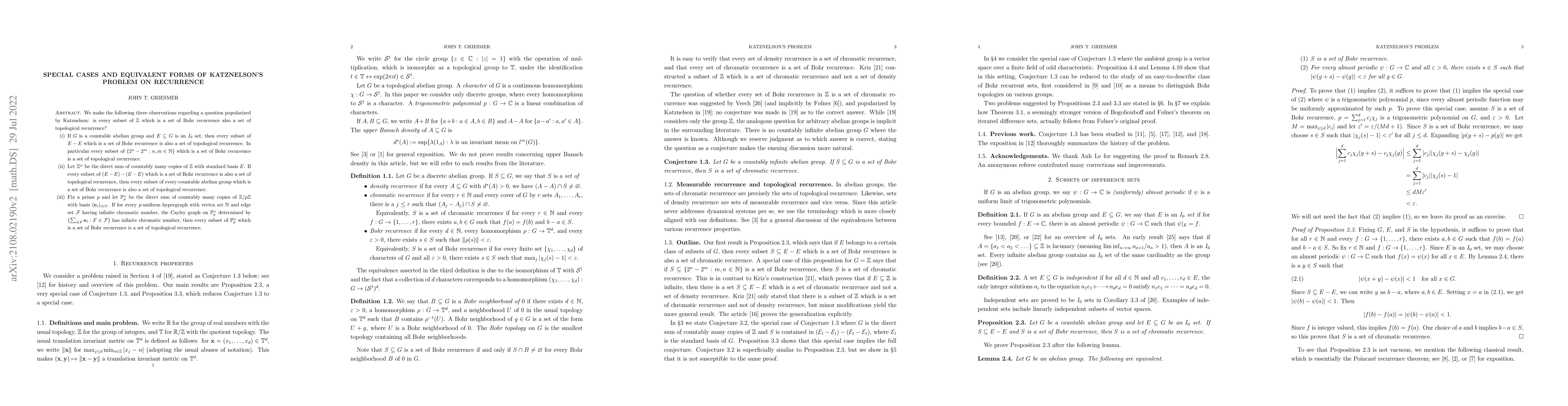 Thumbnail for Special cases and equivalent forms of Katznelson's problem on recurrence