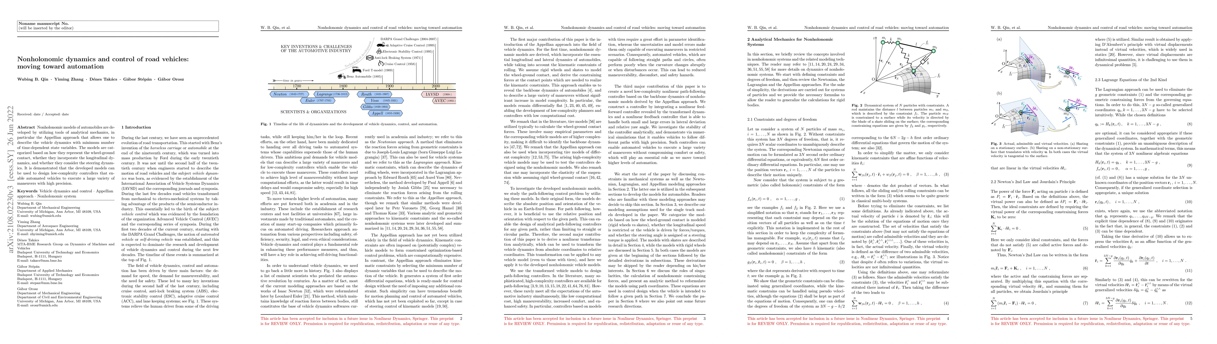 Thumbnail for Nonholonomic dynamics and control of road vehicles: moving toward
  automation