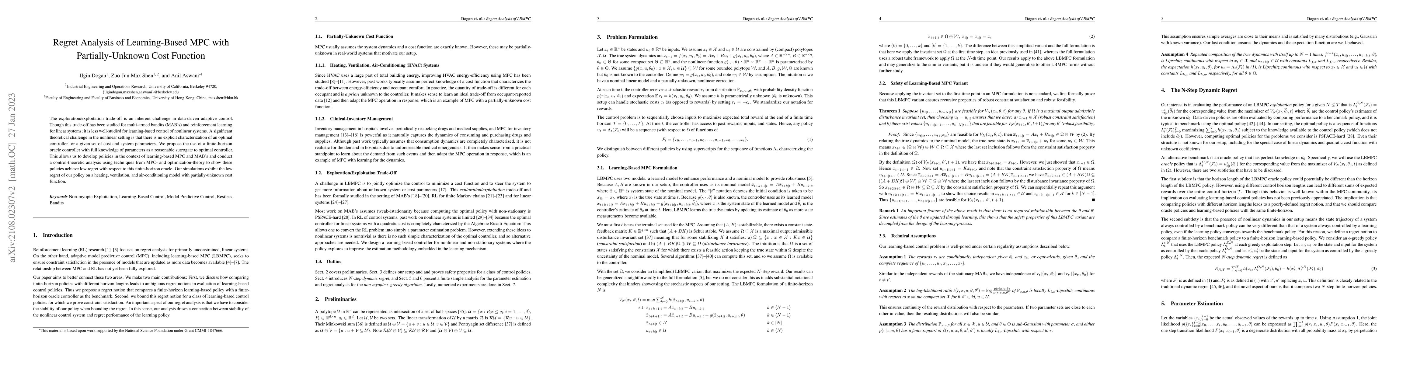 Thumbnail for Regret Analysis of Learning-Based MPC with Partially-Unknown Cost
  Function