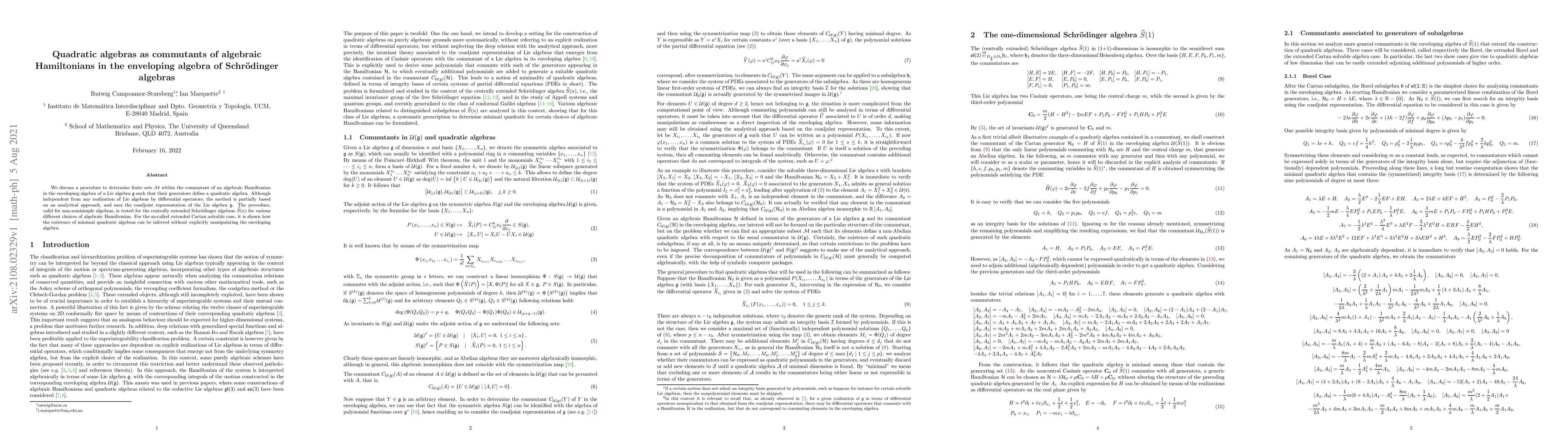 Thumbnail for Quadratic algebras as commutants of algebraic Hamiltonians in the
  enveloping algebra of Schr\"odinger algebras