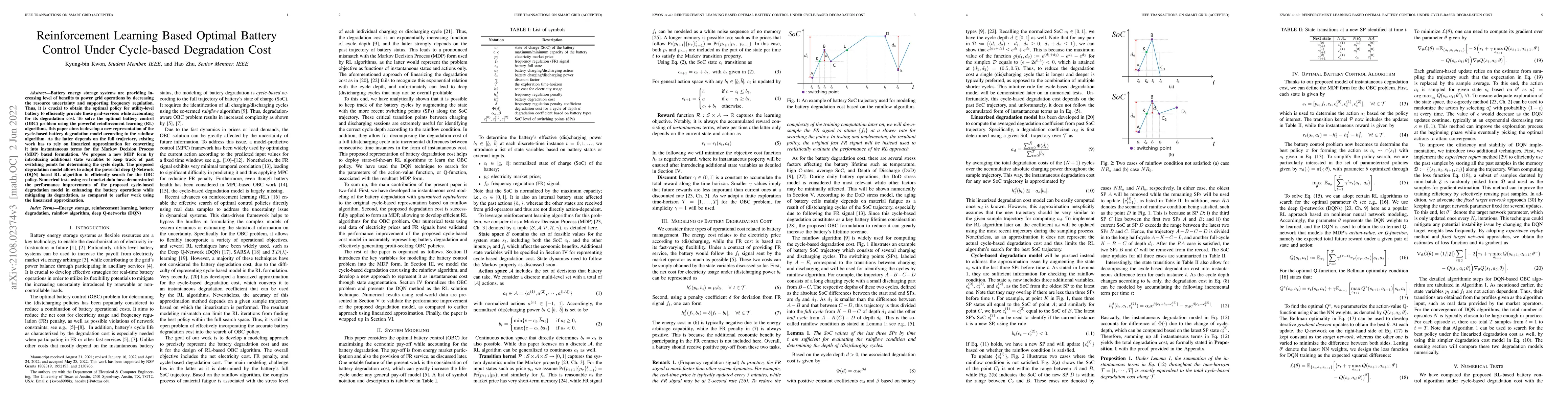 Thumbnail for Reinforcement Learning Based Optimal Battery Control Under Cycle-based
  Degradation Cost