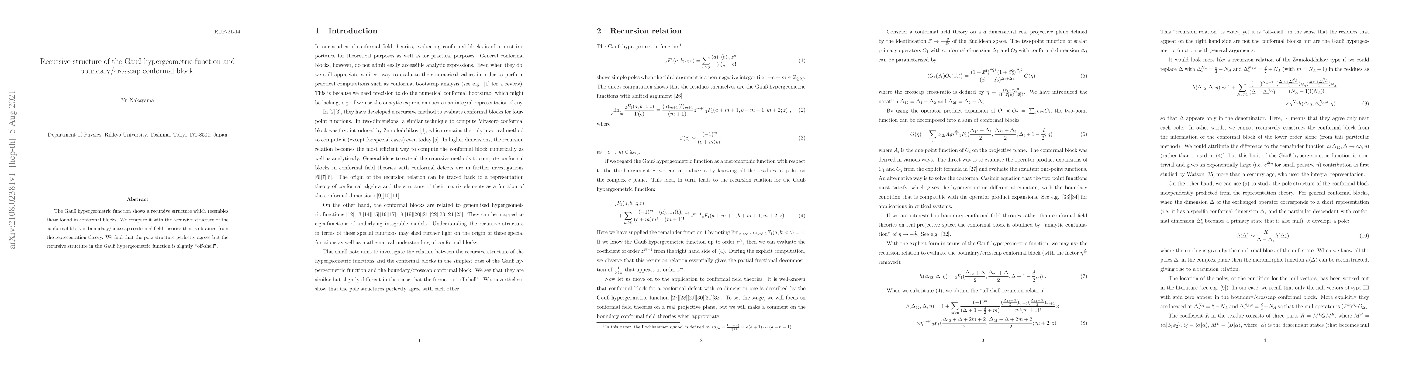 Thumbnail for Recursive structure of the Gau\ss{} hypergeometric function and
  boundary/crosscap conformal block