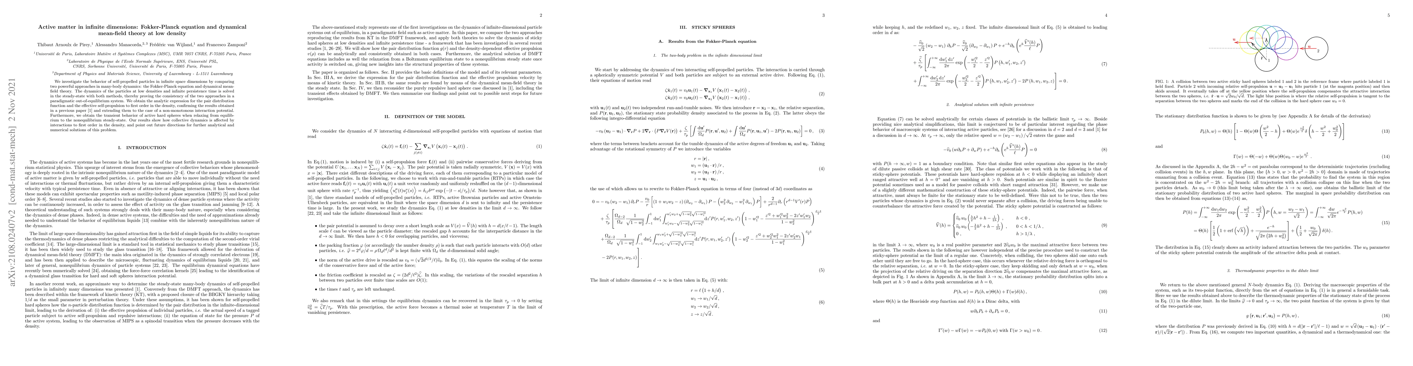 Thumbnail for Active matter in infinite dimensions: Fokker-Planck equation and
  dynamical mean-field theory at low density