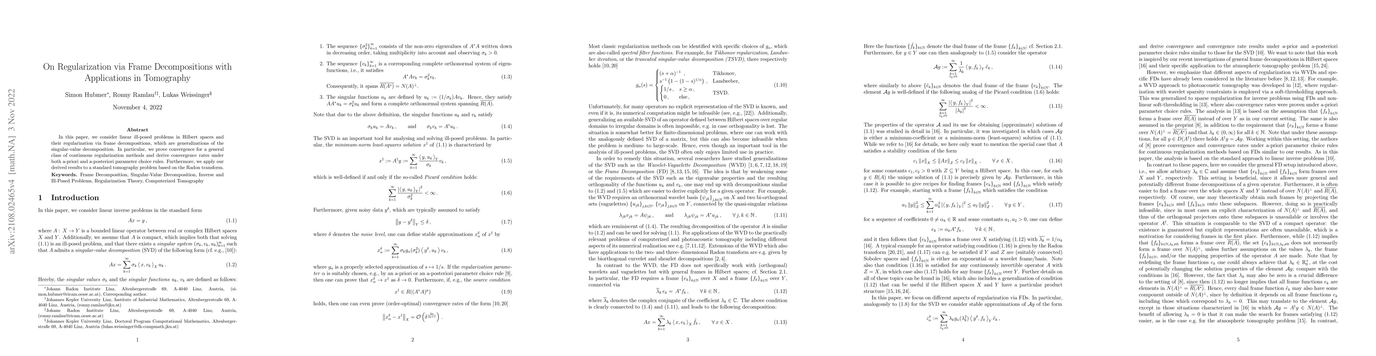 Thumbnail for On Regularization via Frame Decompositions with Applications in
  Tomography