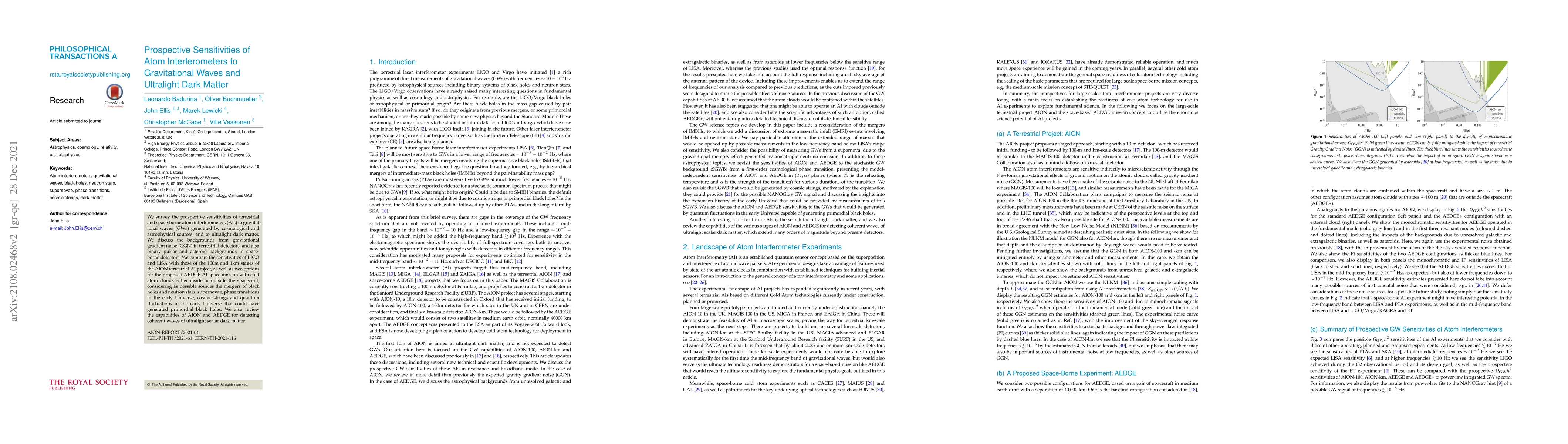 Thumbnail for Prospective Sensitivities of Atom Interferometers to Gravitational Waves
  and Ultralight Dark Matter