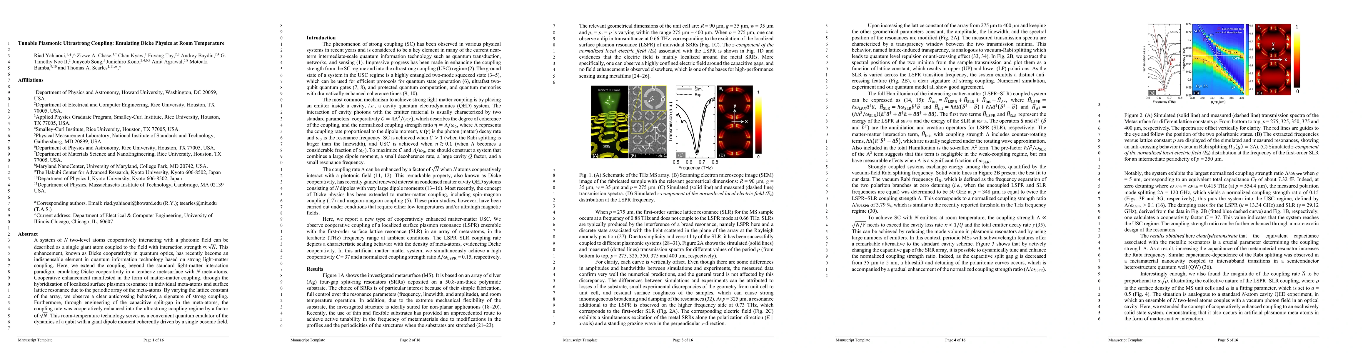 Thumbnail for Tunable Plasmonic Ultrastrong Coupling: Emulating Dicke Physics at Room
  Temperature