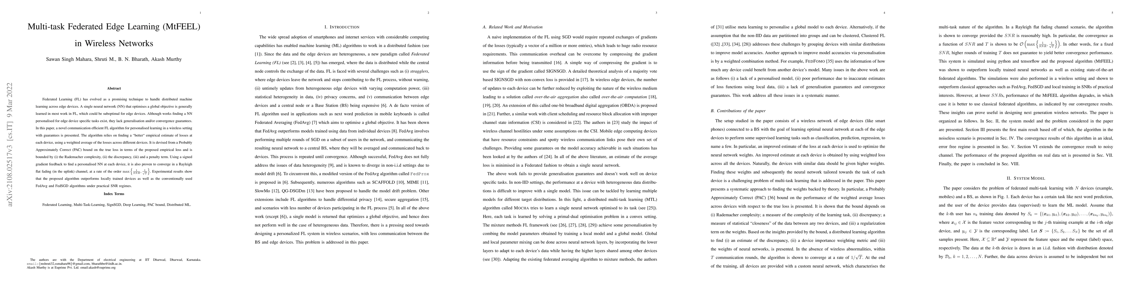 Thumbnail for Multi-task Federated Edge Learning (MtFEEL) in Wireless Networks