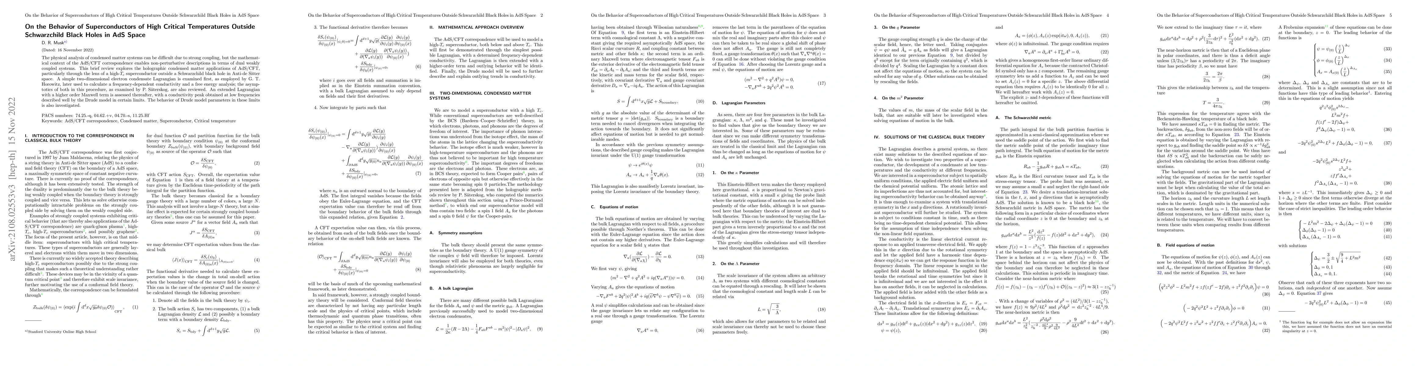 Thumbnail for On the Behavior of Superconductors of High Critical Temperatures Outside
  Schwarzchild Black Holes in AdS Space
