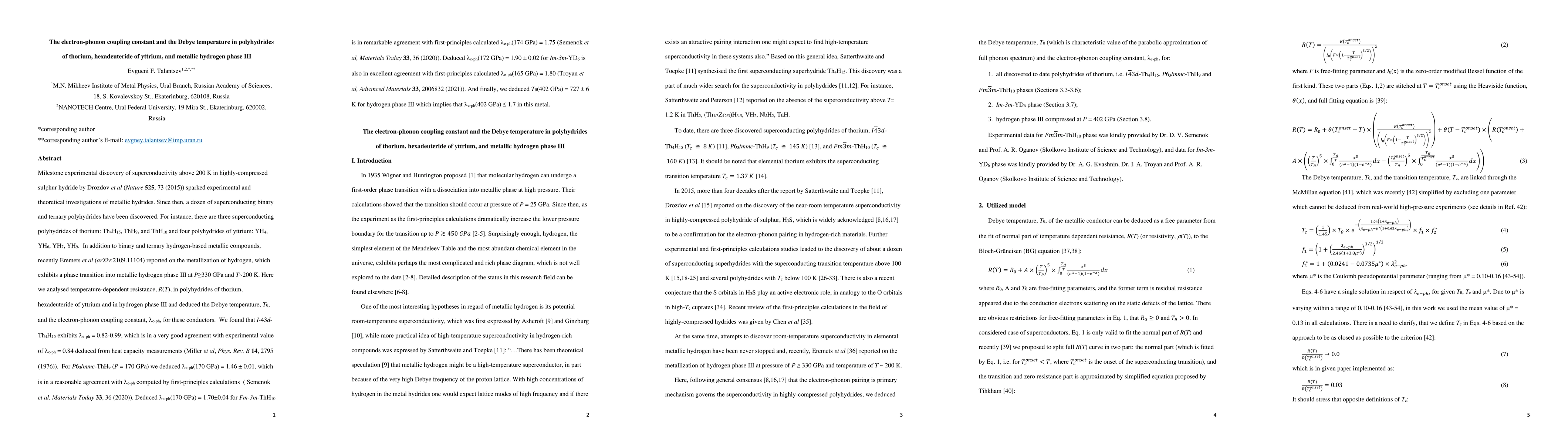 Thumbnail for The electron-phonon coupling constant and the Debye temperature in
  polyhydrides of thorium, hexadeuteride of yttrium, and metallic hydrogen
  phase III